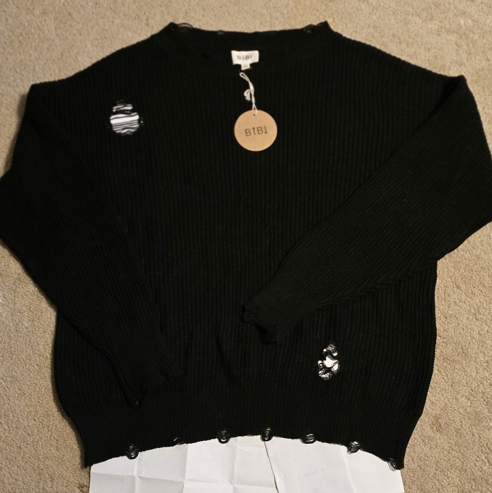 BiBi Black Ribbed Crewneck Sweater with Distressed Detailing XL
